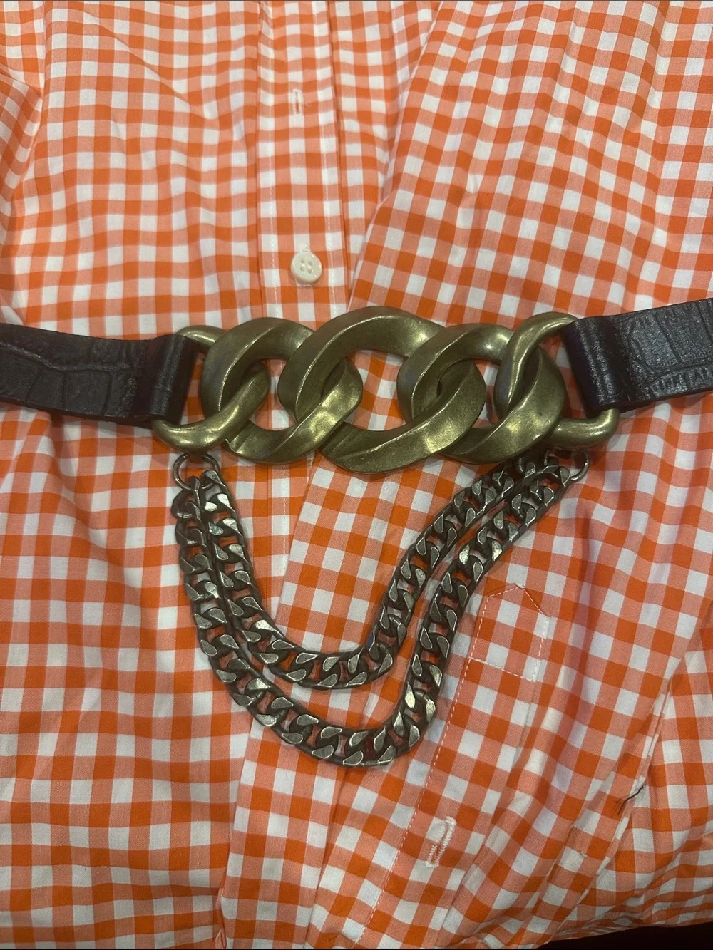 Zara Black Leather Belt with Antique Gold Chain Links
